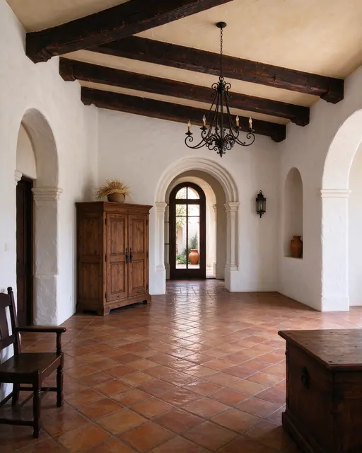 Sunlit empty Spanish colonial style room with stucco walls, dark beams and terracotta tile flooring