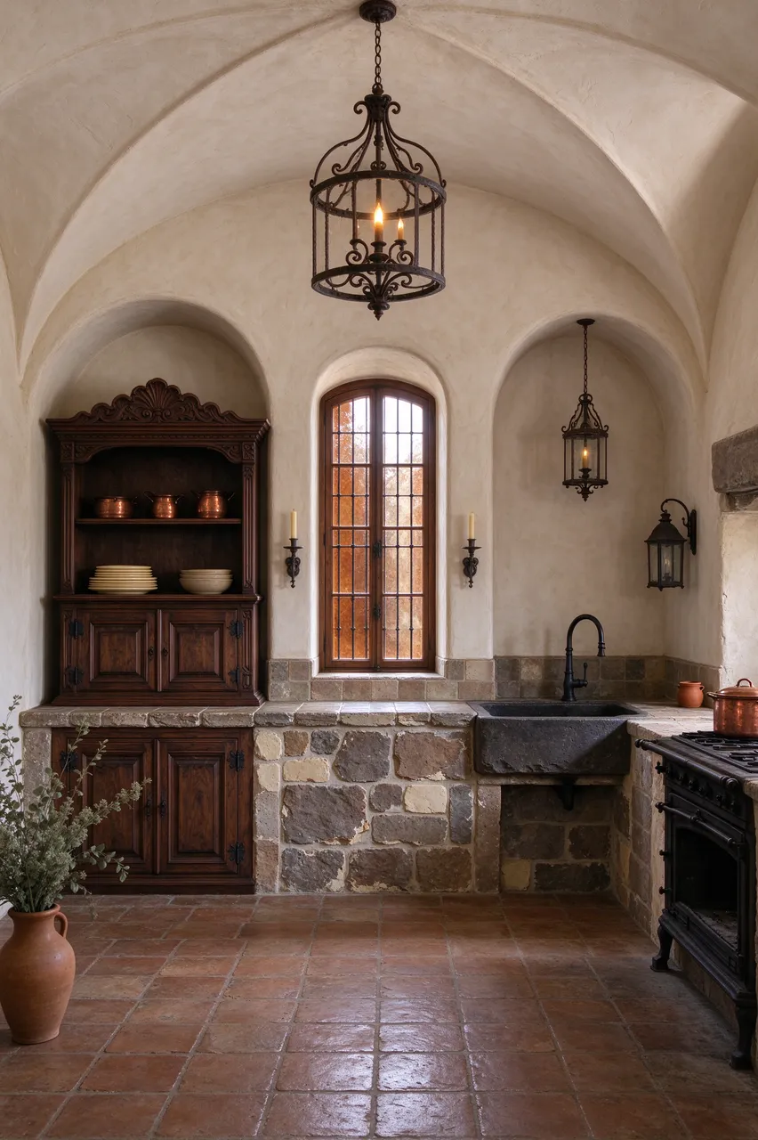 Vaulted plaster Spanish colonial kitchen with wood hutch, stone sink, and wrought iron lighting