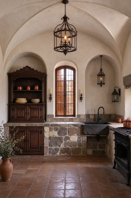 Vaulted plaster Spanish colonial kitchen with wood hutch, stone sink, and wrought iron lighting