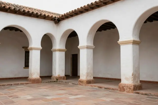 White plaster arched colonnade surrounds a terracotta tiled hacienda courtyard