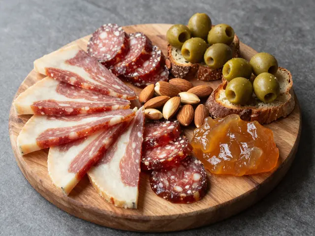 Overhead view of a round wooden tapas board arranged with cured meats, cheese, olives, almonds and quince paste on a dark