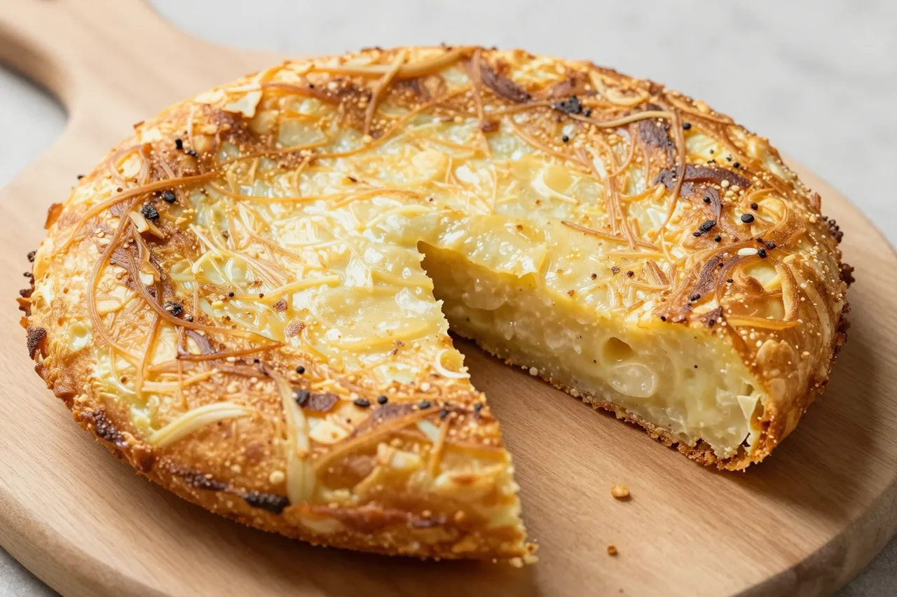 Round spanish tortilla with a wedge cut out rests on a light wooden serving board