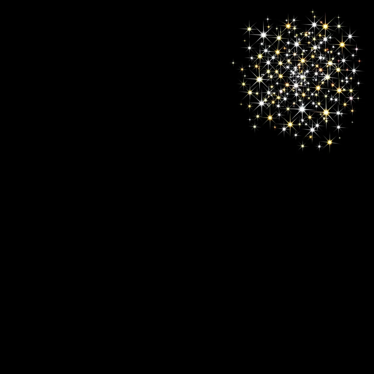A tight cluster of golden and white twinkling star glints sits in the upper right of a solid pure black background