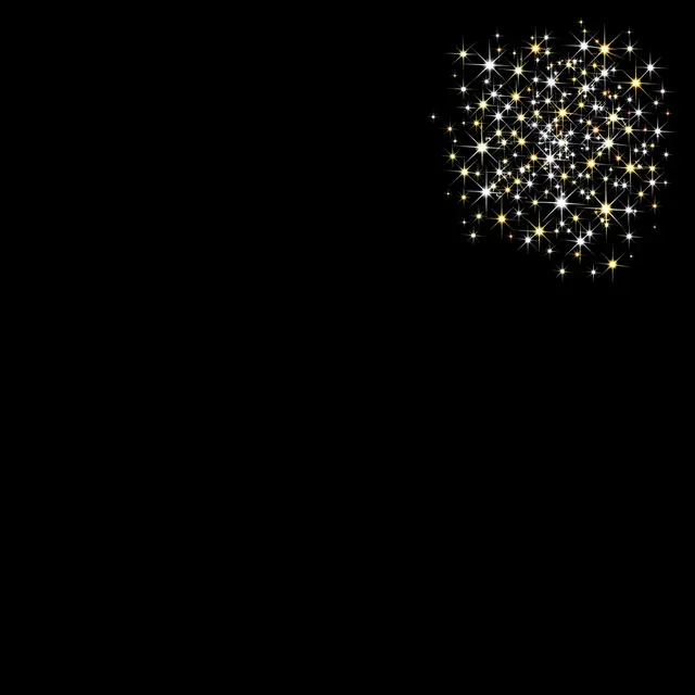 A tight cluster of golden and white twinkling star glints sits in the upper right of a solid pure black background