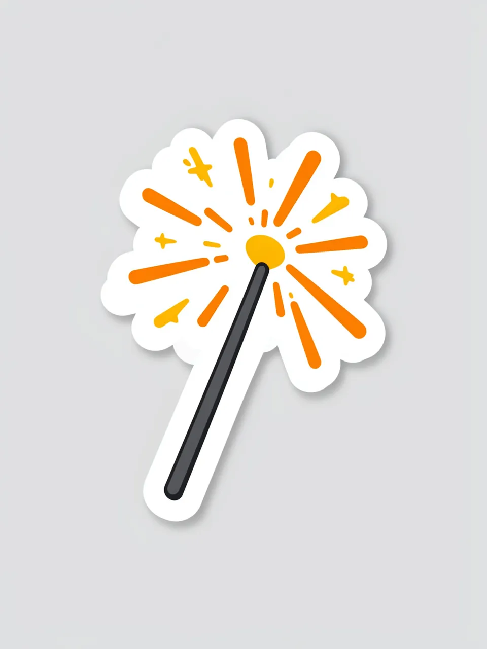 Flat cute die-cut sticker of a fizzing sparkler with a thick white border on a light gray background