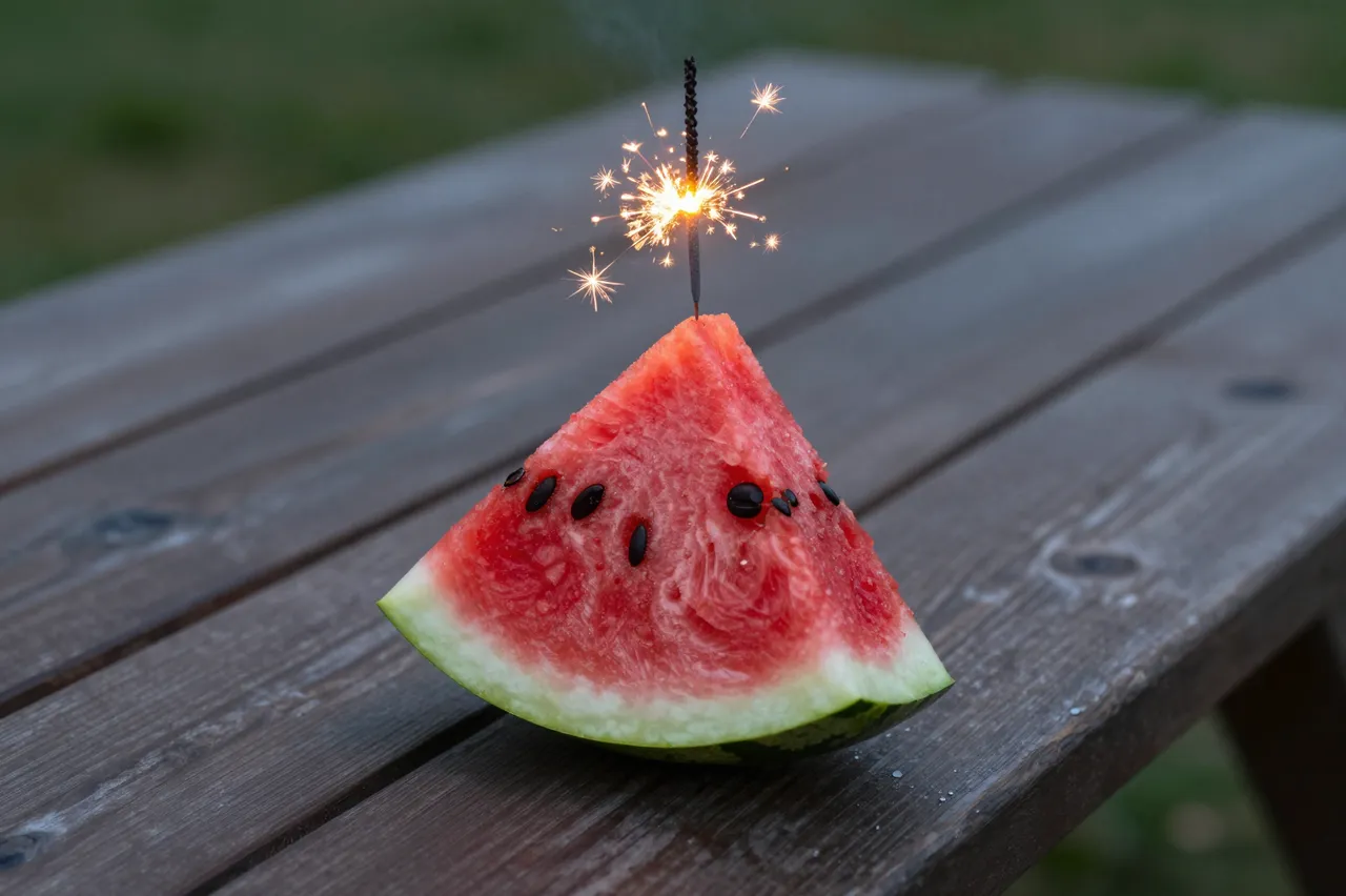 A lit sparkler is stuck in a watermelon wedge resting on a wooden picnic table at dusk