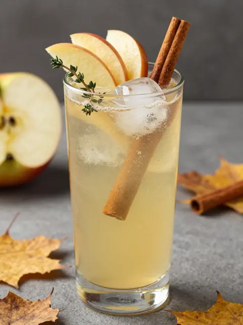 Tall glass of sparkling apple cider with ice, apple slices, thyme, cinnamon, and autumn maple leaves on a gray surface