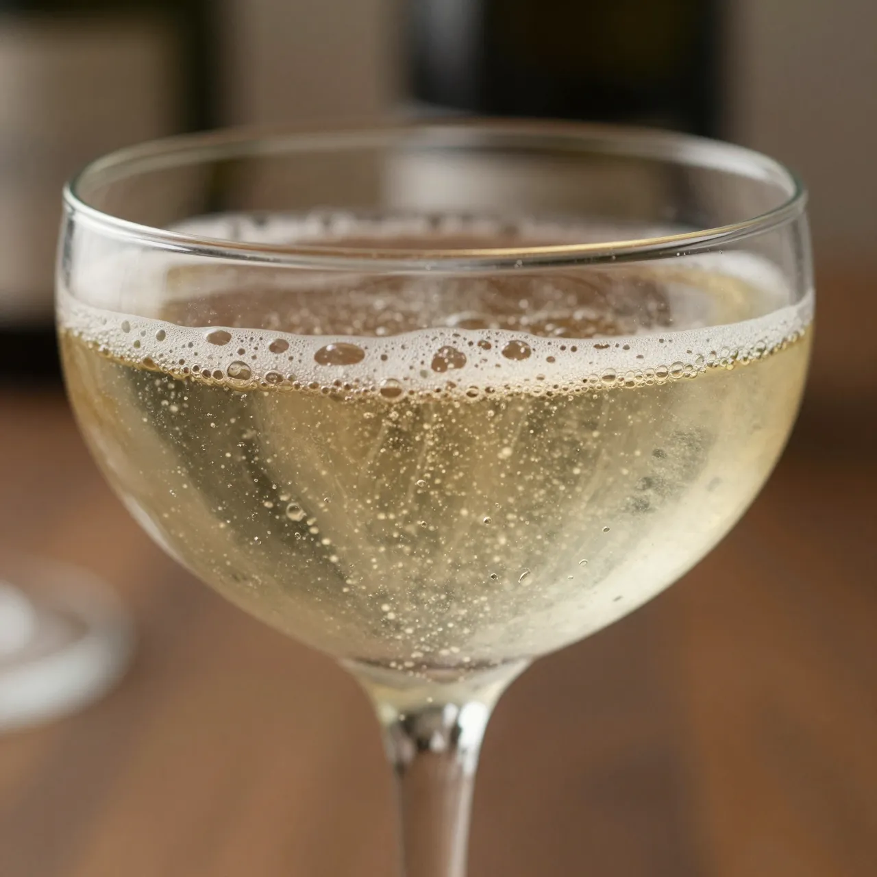 Close-up of a coupe glass filled with bubbly champagne topped with a thin layer of foam against warm blurred bokeh