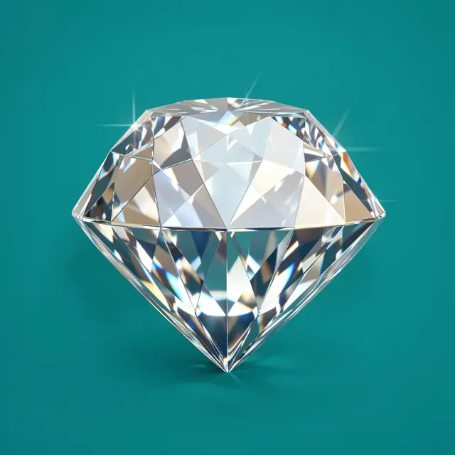 A glossy faceted 3D diamond gem sparkles against a solid teal background
