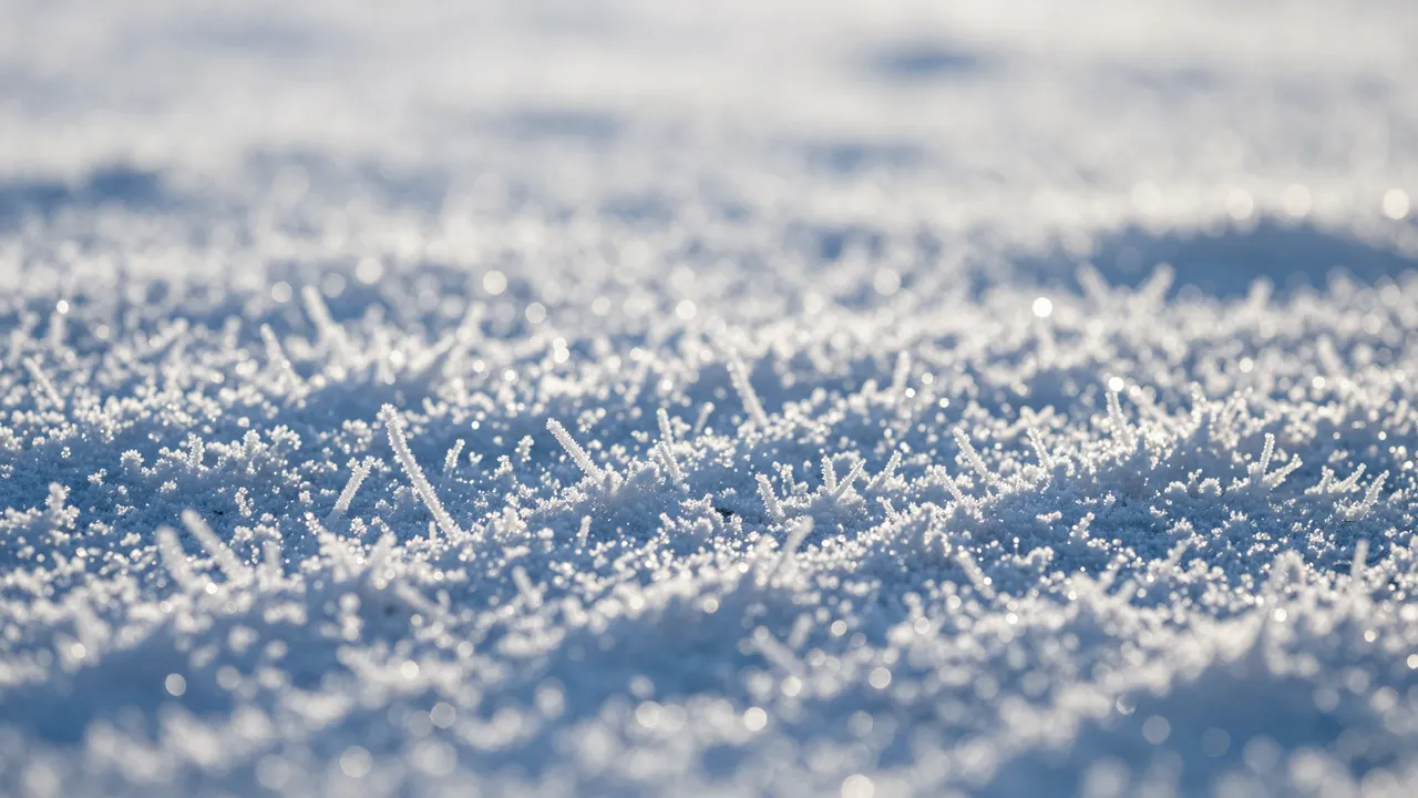 Delicate needle frost crystals glint in soft morning light above a blurred icy bokeh field