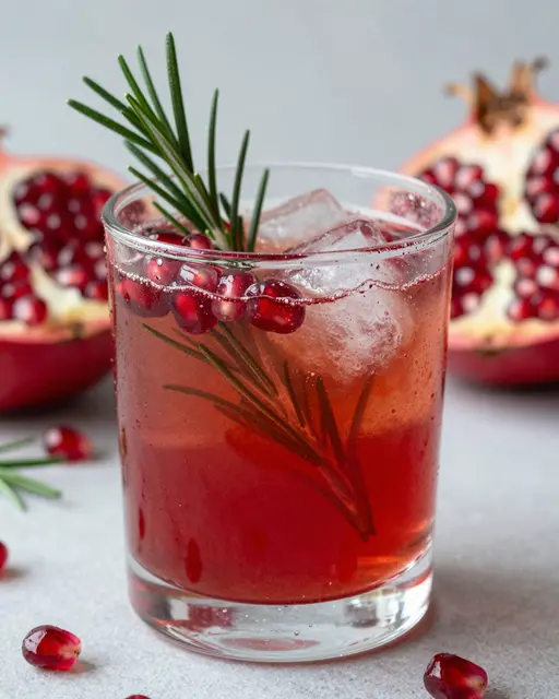 Glass of iced red pomegranate mocktail garnished with rosemary and pomegranate arils beside halved pomegranates