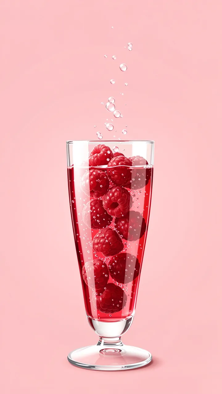 Tall glass of sparkling raspberry drink with rising bubbles against a solid soft pink background