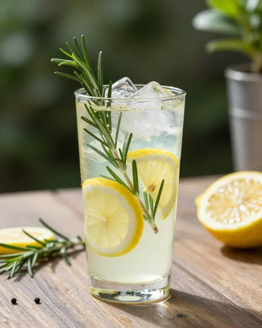 Tall glass of iced sparkling rosemary lemonade with lemon slices on a sunny wooden garden table