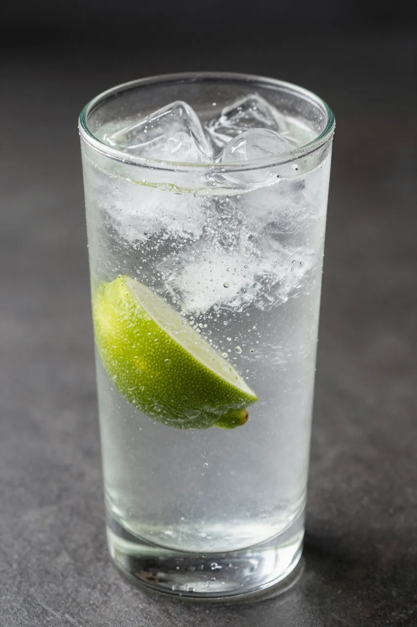 A highball glass of sparkling water with ice cubes and a floating lime wedge rests on a dark matte surface