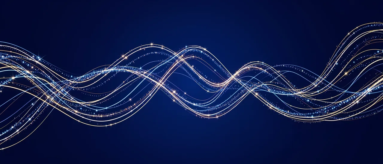 Glowing gold and pale blue wavy light trails dotted with sparkles curve across a deep midnight blue background