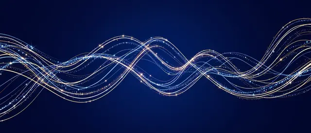 Glowing gold and pale blue wavy light trails dotted with sparkles curve across a deep midnight blue background