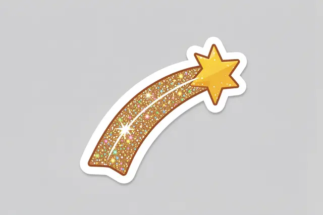 Die-cut sticker of a shooting star with a glittery trail, thick white border, on a plain light gray background