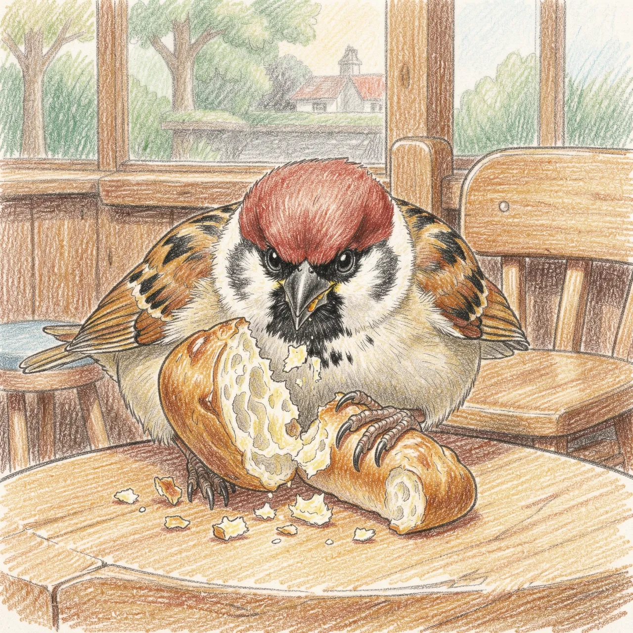 Colored pencil drawing of a house sparrow tearing a crusty roll on a wooden cafe table