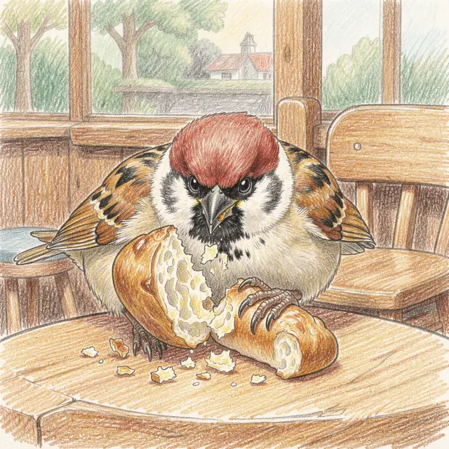 Colored pencil drawing of a house sparrow tearing a crusty roll on a wooden cafe table