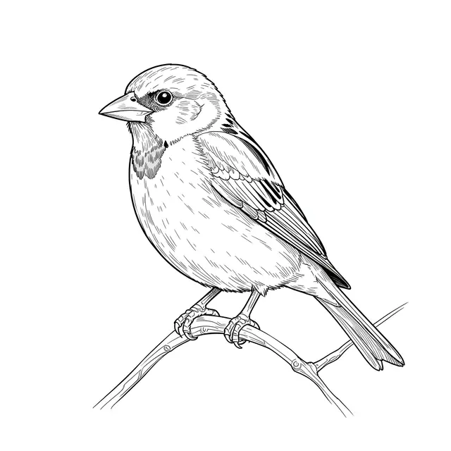 Detailed black fine line art of a sparrow perched on a thin twig against a plain white background