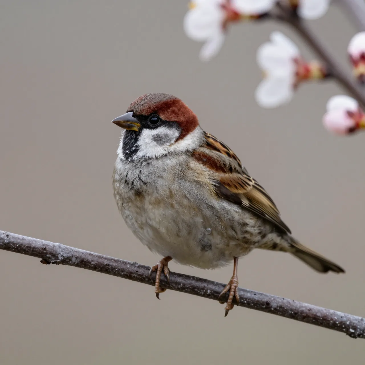 A house sparrow perches on a thin branch with blurred white spring blossoms in the background