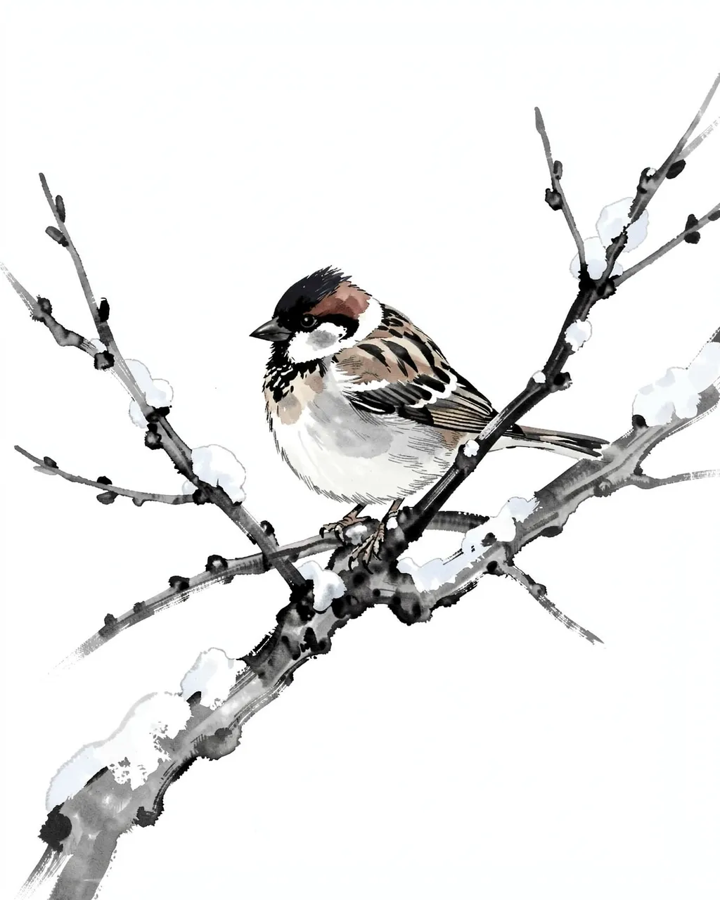 Ink wash painting of a sparrow perched on a snow dusted plum branch against plain white paper