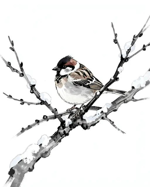 Ink wash painting of a sparrow perched on a snow dusted plum branch against plain white paper