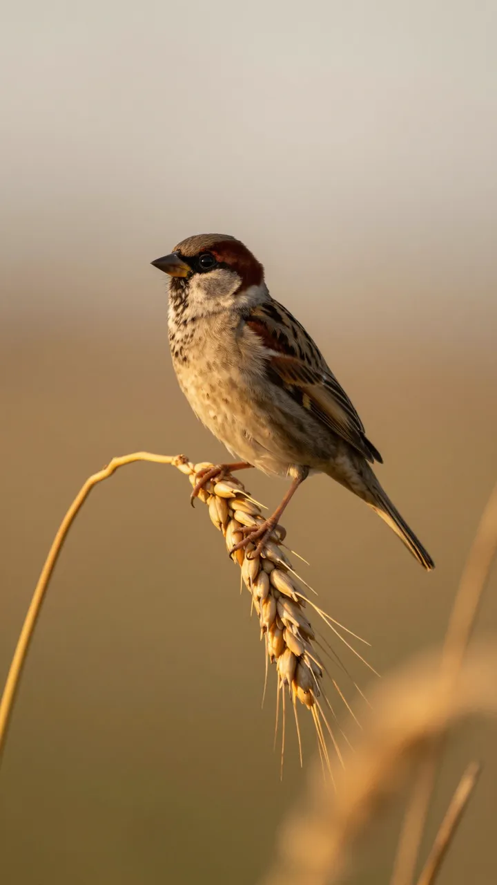 A sparrow clings to a bending golden wheat stalk lit by warm sunset backlight