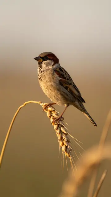 A sparrow clings to a bending golden wheat stalk lit by warm sunset backlight