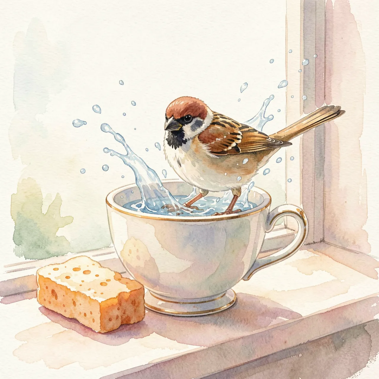A house sparrow splashing in a gold-rimmed teacup on a sunny windowsill next to a porous sponge