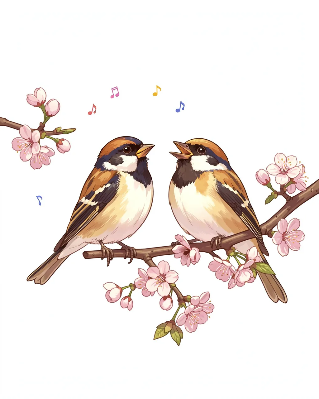 Two illustrated sparrows perch on a blossoming cherry branch with floating colorful music notes against a plain white