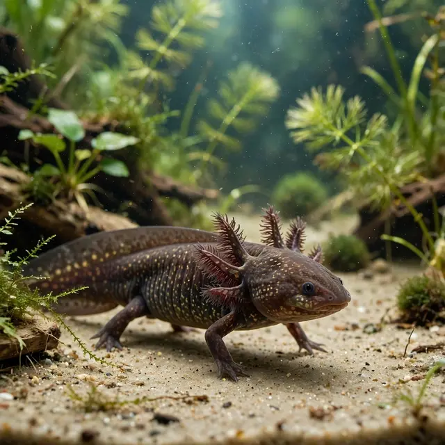 Dark brown gold-speckled axolotl rests on sandy aquarium bottom surrounded by aquatic plants in soft light