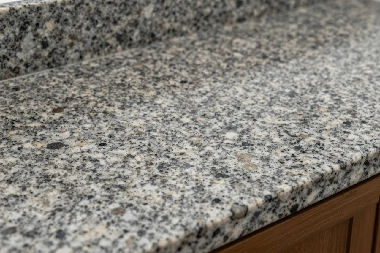 Close-up shallow depth of field view of a speckled granite kitchen countertop above wood cabinetry