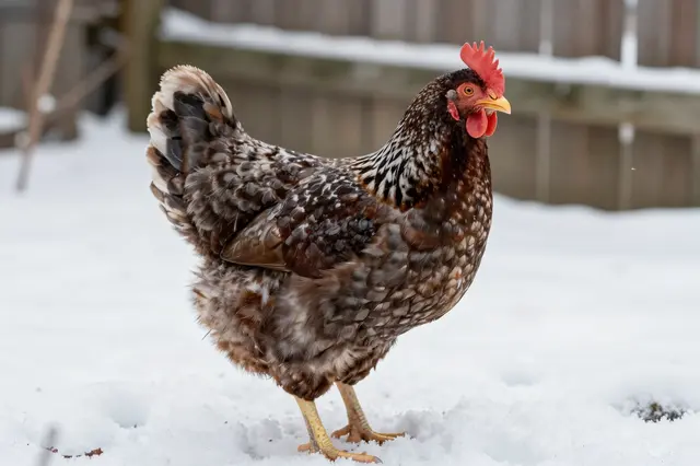 A speckled Sussex hen stands upright on fresh snow in a fenced residential backyard.