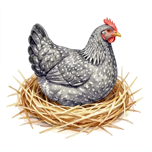 Watercolor illustration of a speckled grey chicken resting in a dry straw nest on a plain white background