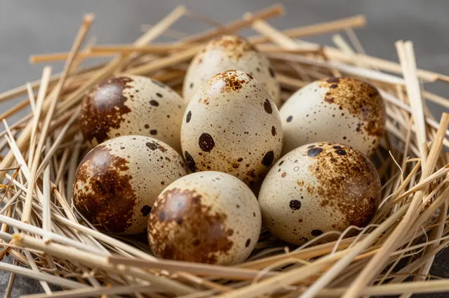 A close-up of speckled quail eggs resting in a loose nest of dry straw against a soft gray background