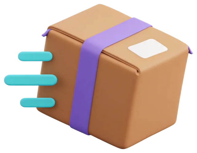Clay style 3D parcel box with speed streaks indicating fast delivery