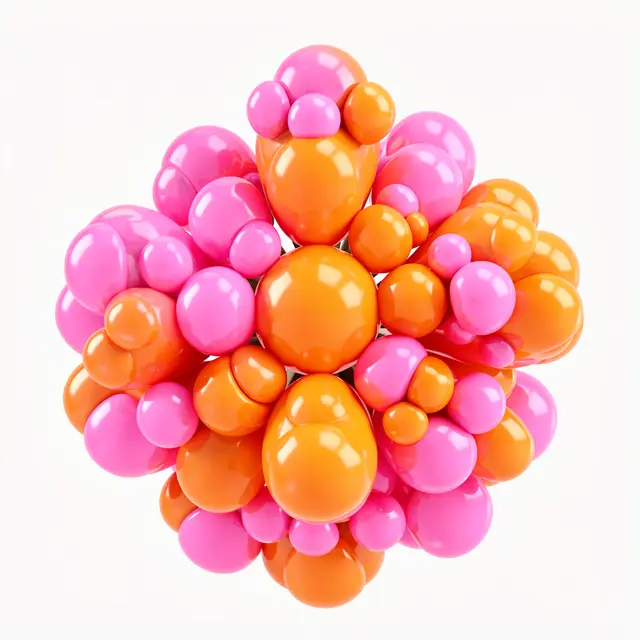 3D render of a flower constructed from glossy pink and orange spheres against a plain white background