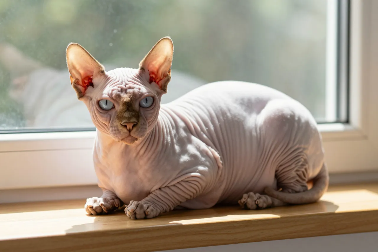A hairless pale pink Sphynx cat rests on a wooden windowsill in warm afternoon sunlight.