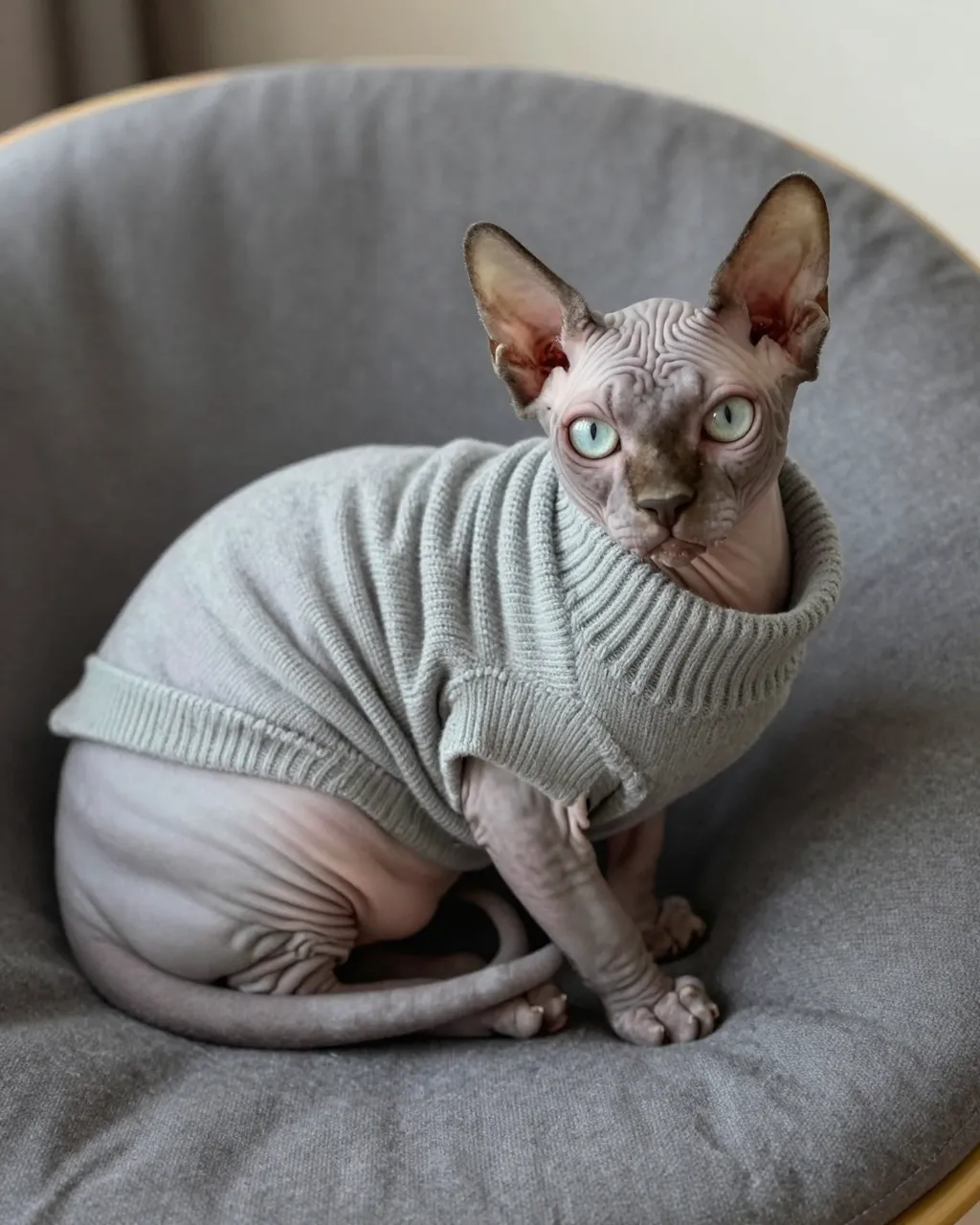 Hairless Sphynx cat wearing a gray knitted sweater sits on a round gray fabric chair looking at the camera