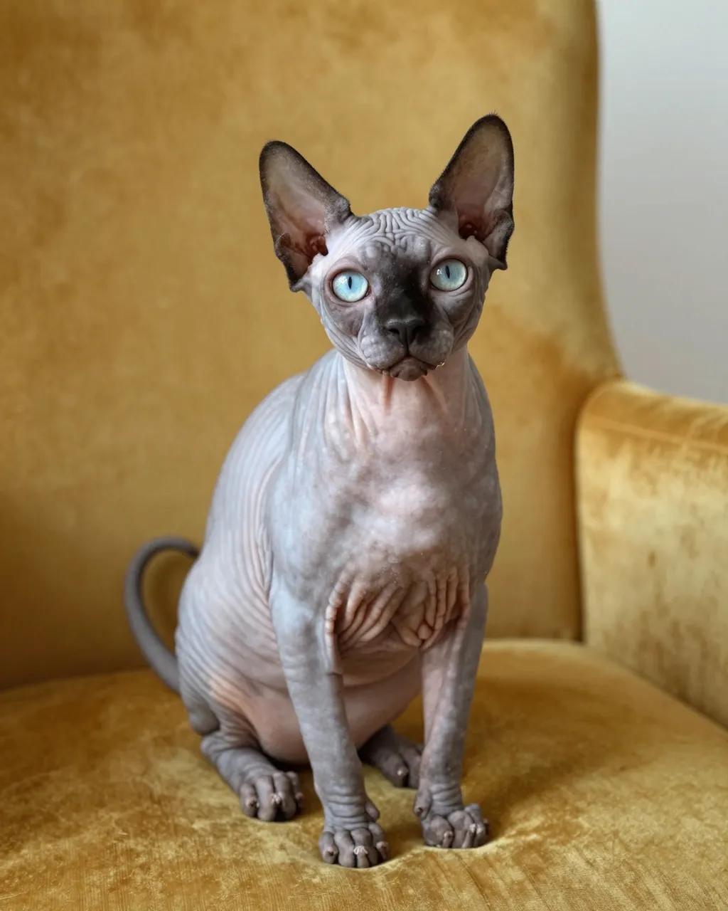 Hairless Sphynx cat with blue eyes sits upright on a mustard velvet armchair facing the camera