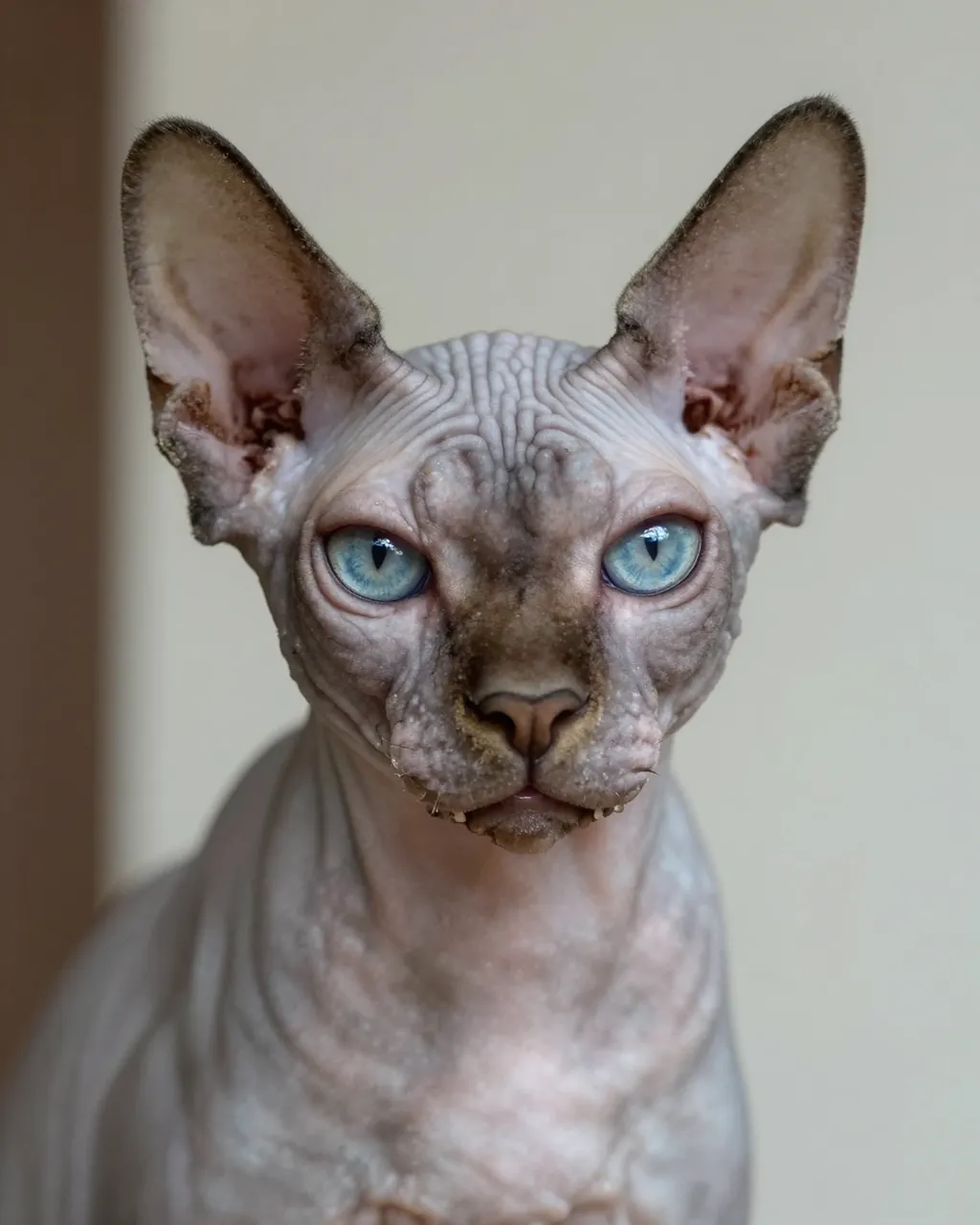 Close-up portrait of a wrinkled hairless sphynx cat with bright blue eyes and large upright ears facing the camera