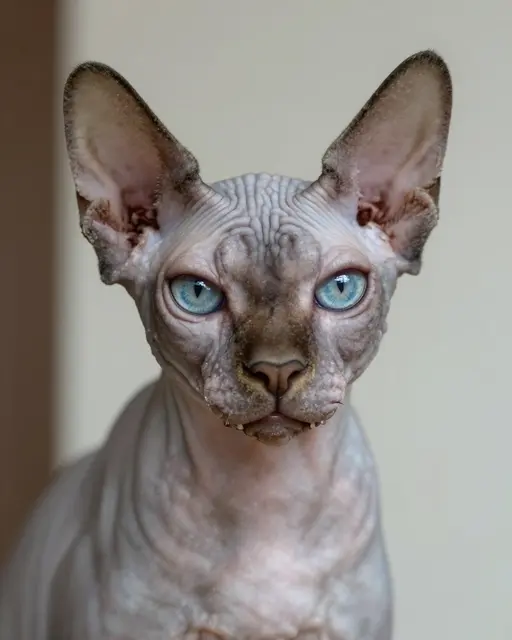 Close-up portrait of a wrinkled hairless sphynx cat with bright blue eyes and large upright ears facing the camera