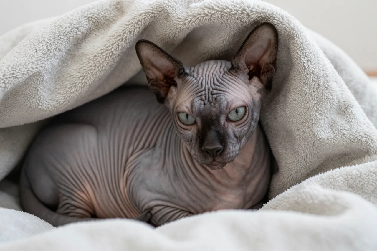 Wrinkled hairless Sphynx cat rests curled inside a soft plush fleece blanket looking directly at the camera