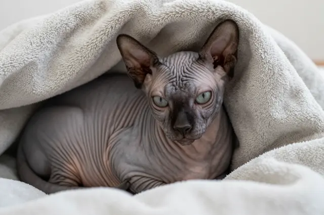 Wrinkled hairless Sphynx cat rests curled inside a soft plush fleece blanket looking directly at the camera