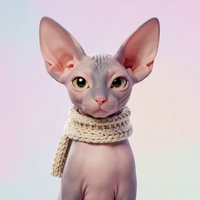 Cute 3D rendered hairless Sphynx cat wearing a small knitted scarf against a soft pastel gradient background