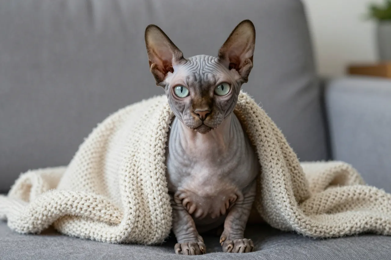 Hairless sphynx cat sits wrapped in a knitted cream blanket on a gray sofa looking at the camera