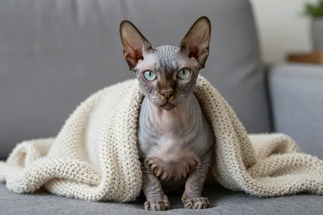 Hairless sphynx cat sits wrapped in a knitted cream blanket on a gray sofa looking at the camera