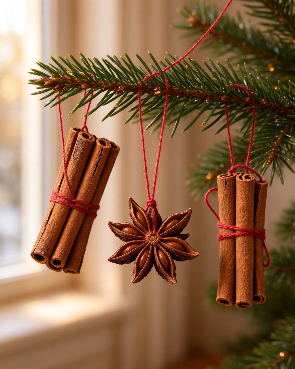 Cinnamon stick bundles and a star anise ornament hang from a spruce branch near a sunlit window with red twine.