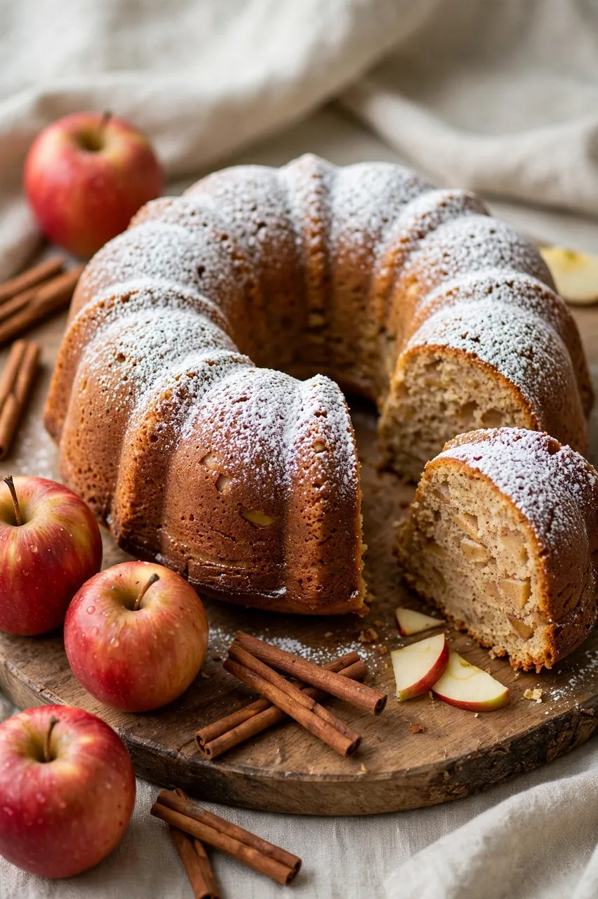 Powdered sugar dusted apple bundt cake with a cut slice, apples and cinnamon on a wooden board
